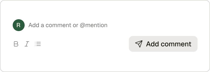 Comment input panel with rich text formatting options and an add comment button