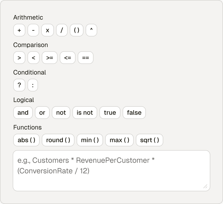 Formula builder interface with arithmetic, comparison, conditional, logical, and function operators above a formula input field